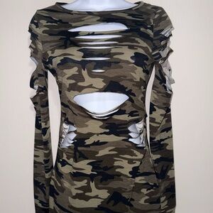 Ripped Camo Long Sleeve Bodycon Dress - Green Camo